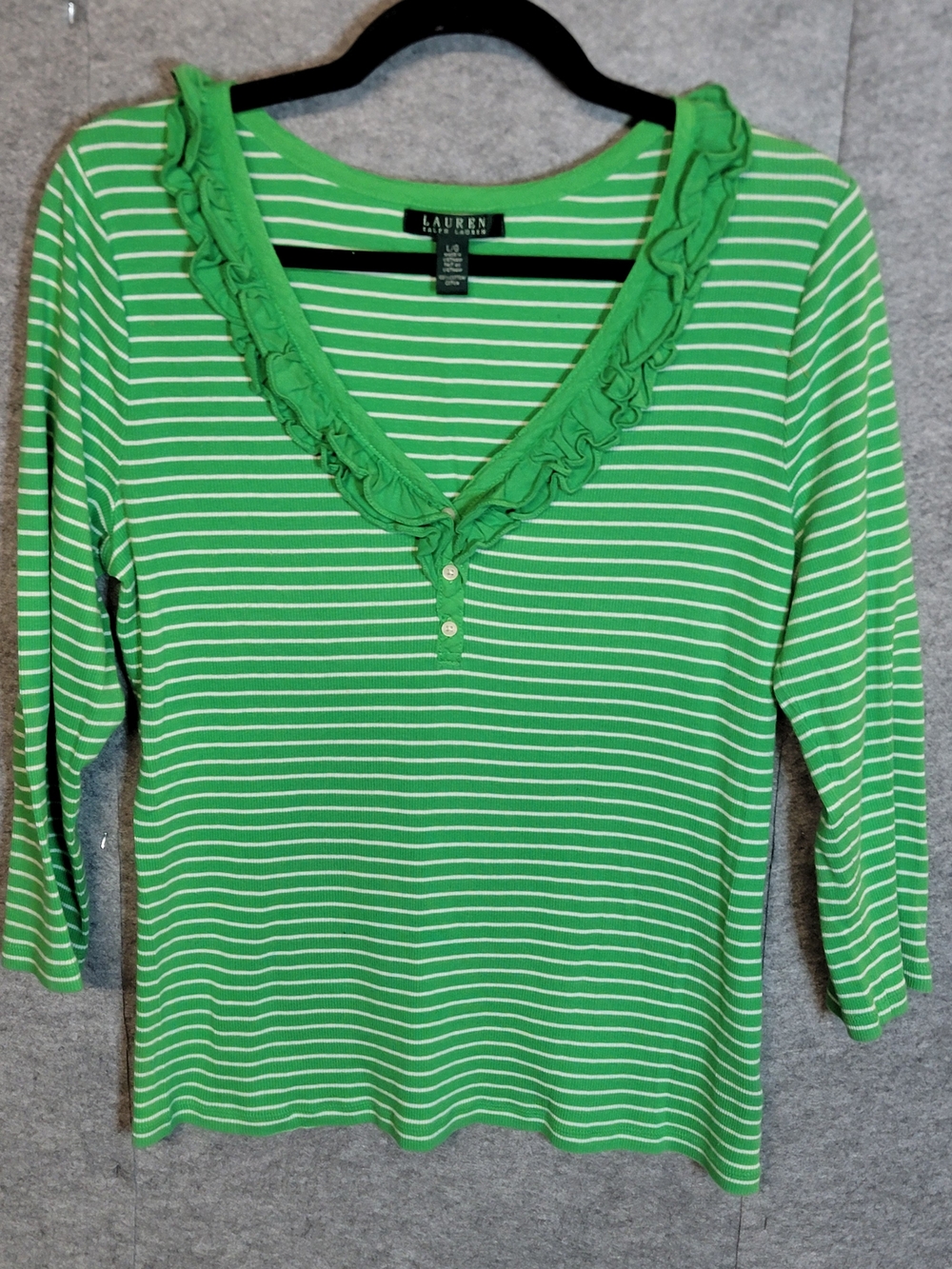 Lauren Ralph Lauren Green Striped Ruffle V-Neck Top